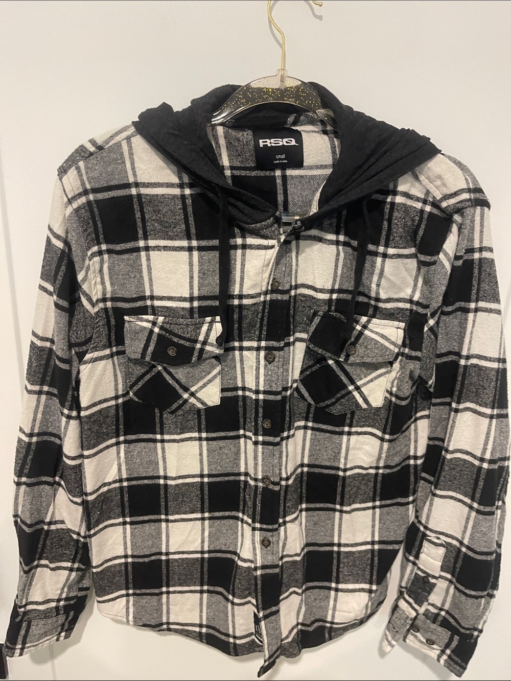 RSQ Black & White Plaid Hooded Button‑Down Shirt
